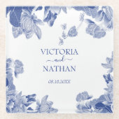 ブルーエレガントホワイトチノワセリーシックフローラズ結婚 ガラスコースター (正面)