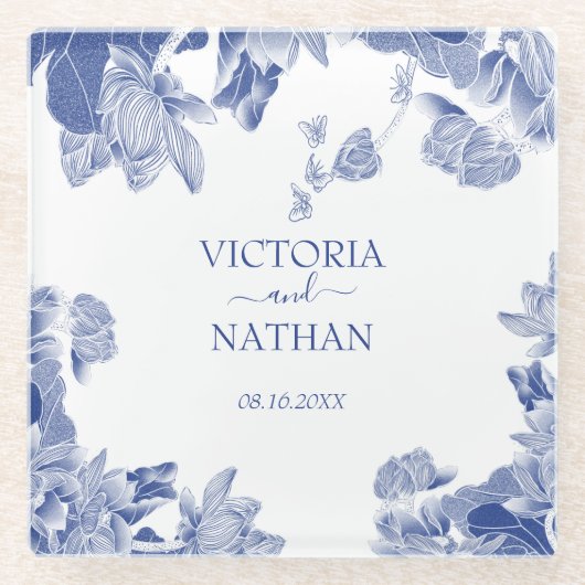 ブルーエレガントホワイトチノワセリーシックフローラズ結婚 ガラスコースター (正面)