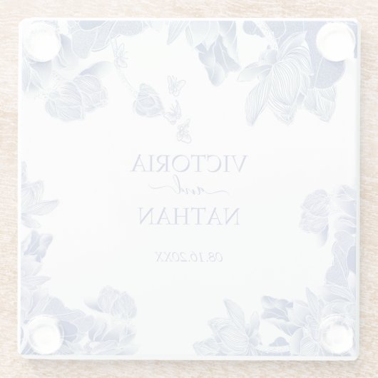 ブルーエレガントホワイトチノワセリーシックフローラズ結婚 ガラスコースター (裏面)