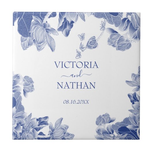 ブルーエレガントホワイトチノワセリーシックフローラズ結婚 タイル (正面)