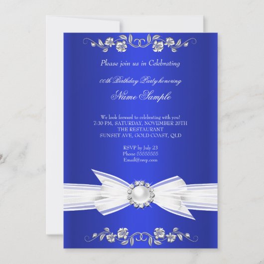 ブルーエレガントホワイトパール王室のジュエルボウ誕生日 招待状 (正面)