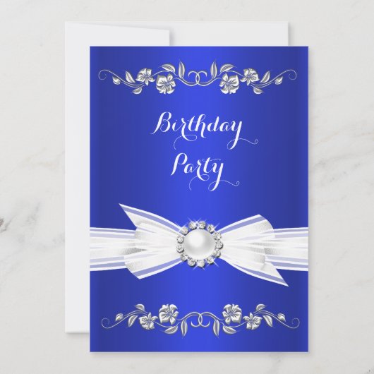 ブルーエレガントホワイトパール王室のジュエルボウ誕生日 招待状 (裏面)