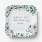 ブルーエレガントホワイトフローラカスタムバースデーパーティー ペーパープレート (正面)