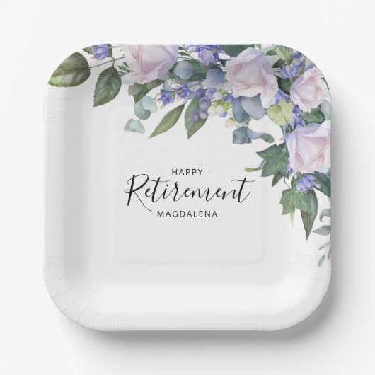 ブルーエレガントホワイトフローラカスタム退職パーティー ペーパープレート (正面)