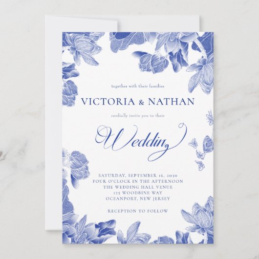 ブルーエレガントホワイトフローラチノイスリー結婚ズ 招待状 (正面)