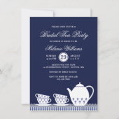 ブルーエレガントホワイトフローラティーパーティーブライダルシャワー 招待状 (正面)