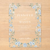 ブルーエレガントホワイトフローラリースボヘミアン結婚ズ アクリル招待状 (正面)