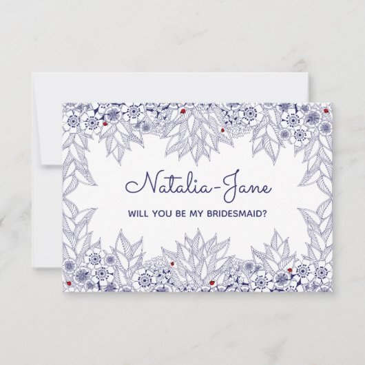 ブルーエレガントホワイトブライドメイド招待状 カード (正面)