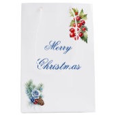 ブルーエレガントホワイトホリーベリーメリークリスマス ミディアムペーパーバッグ (正面)