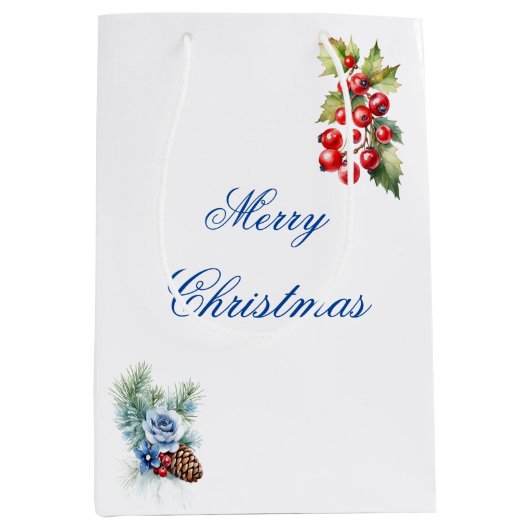 ブルーエレガントホワイトホリーベリーメリークリスマス ミディアムペーパーバッグ (正面)