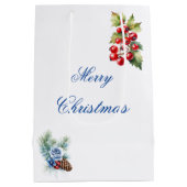 ブルーエレガントホワイトホリーベリーメリークリスマス ミディアムペーパーバッグ (裏面)