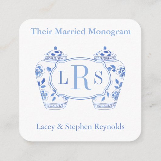 ブルーエレガントホワイトモノグラ結婚したムブライダルシャワー エンクロージャーカード (裏面)