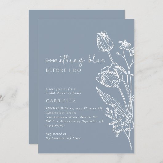 ブルーエレガントホワイトラインアートフローラブライダルシャワー 招待状 (正面/裏面)