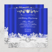 ブルーエレガントホワイトレース王室のジュエルボウ誕生日 招待状 (正面/裏面)