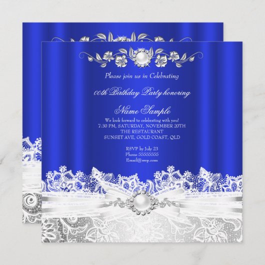 ブルーエレガントホワイトレース王室のジュエルボウ誕生日 招待状 (正面/裏面)