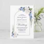 ブルーエレガントホワイトローズフローラ結婚アーチズ 招待状 (スタンド正面)