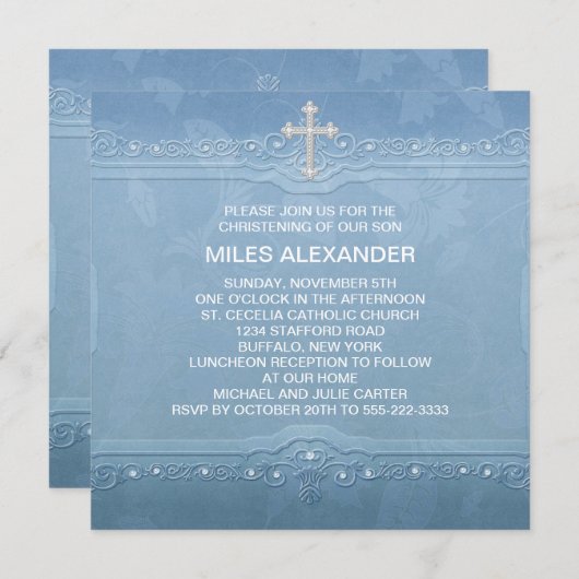 ブルーエレガントホワイト男の赤ちゃん《キリスト教》洗礼式や命名式 招待状 (正面/裏面)