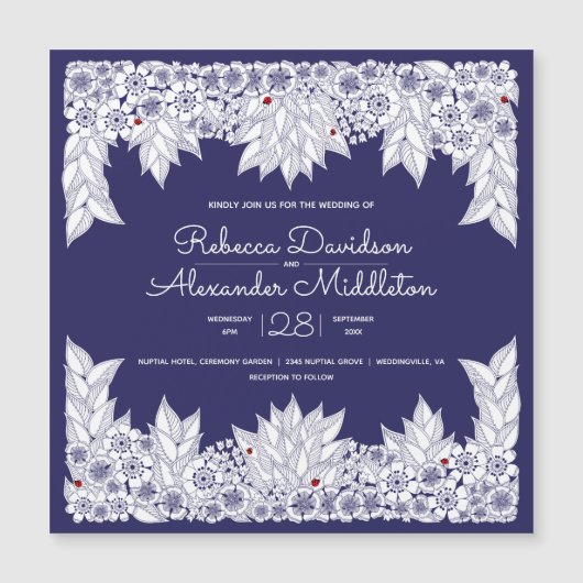 ブルーエレガントホワイト結婚式招待状磁気カード (正面)