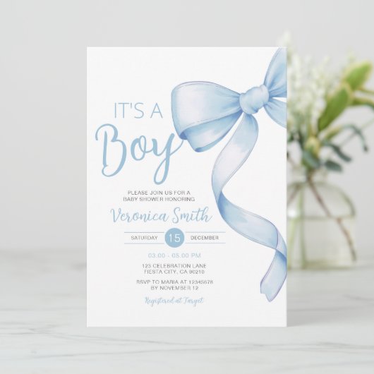 ブルーエレガントボウをテーマにしたガールコケット赤ちゃん 招待状 (スタンド正面)