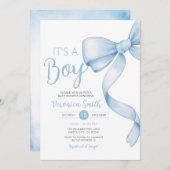 ブルーエレガントボウをテーマにしたガールコケット赤ちゃん 招待状 (正面/裏面)