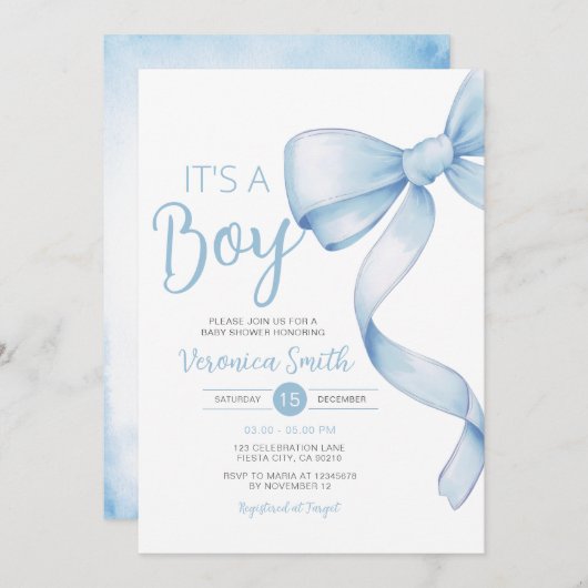 ブルーエレガントボウをテーマにしたガールコケット赤ちゃん 招待状 (正面/裏面)