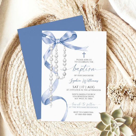 ブルーエレガントボウ&ロザリーバプテスマ 招待状