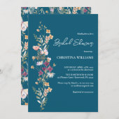 ブルーエレガントボホワイルドフラワーズブライダルシャワー 招待状 (正面/裏面)