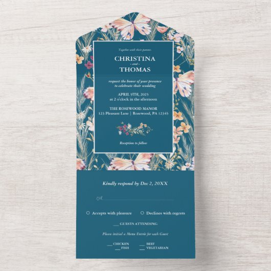 ブルーエレガントボホワイルドフラワーズ結婚式招待状 オールインワン招待状 (内側)