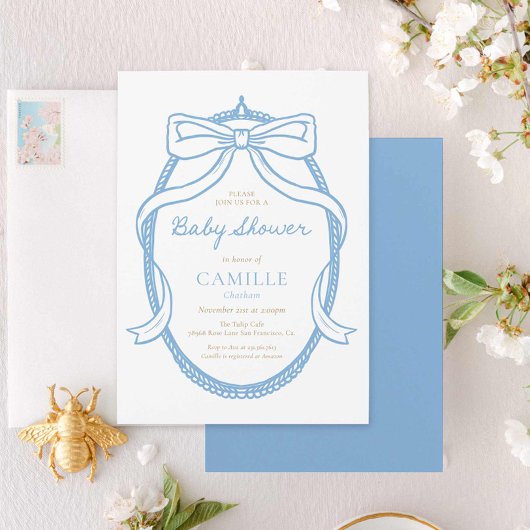 ブルーエレガントボーイミニマルベビーシャワー招待状 招待状