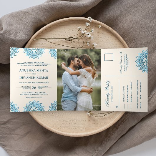ブルーエレガントマンダラ伝統的インディアン結婚ズ 三つ折り招待状