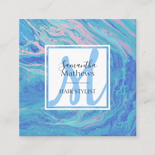 ブルーエレガントマーブルアガテモノグラム美容師 スクエア名刺 (正面)