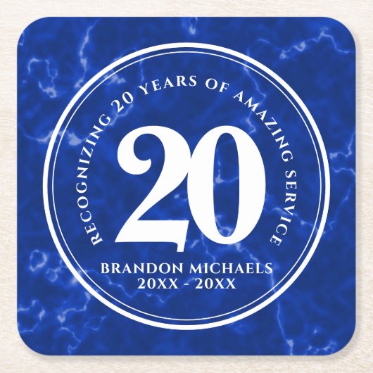 ブルーエレガントマーブル20年勤続記念日 スクエアペーパーコースター (正面)