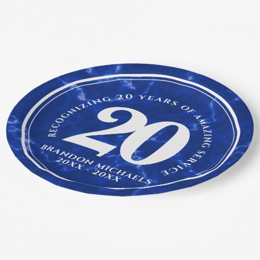 ブルーエレガントマーブル20年勤続記念日 ペーパープレート (アングル)