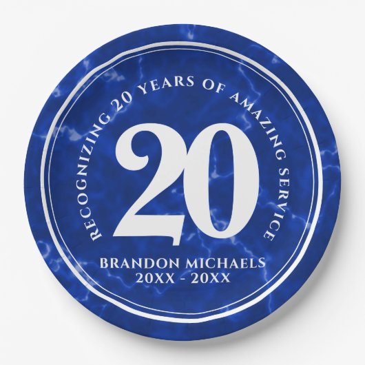 ブルーエレガントマーブル20年勤続記念日 ペーパープレート (正面)