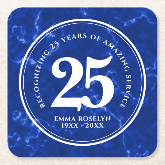 ブルーエレガントマーブル25年勤続記念日 スクエアペーパーコースター (正面)