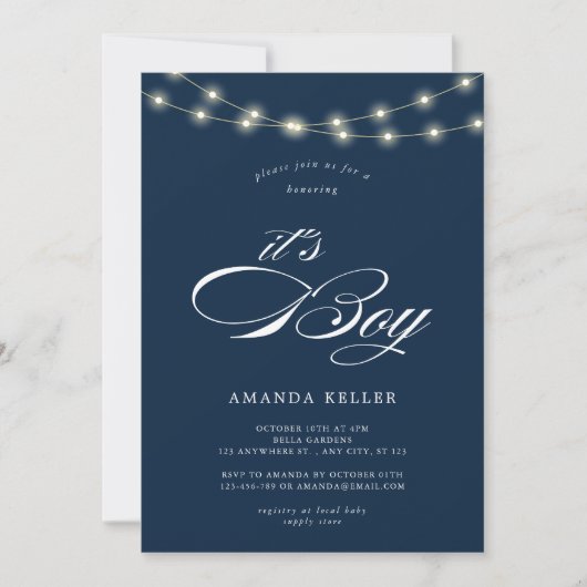 ブルーエレガントミニマリストそれは男の子の赤ちゃんシャワー 招待状 (正面)