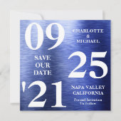 ブルーエレガントメタリックきらめくモダン保存日 招待状 (正面)