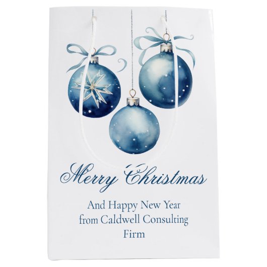 ブルーエレガントメリークリスマスオーナメント会社 ミディアムペーパーバッグ (正面)