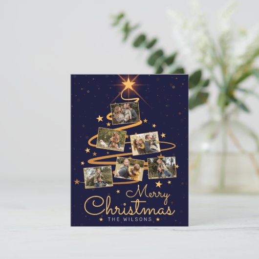ブルーエレガントメリークリスマスツリー7家族の写真 シーズンカード (スタンド正面)