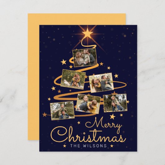 ブルーエレガントメリークリスマスツリー7家族の写真 シーズンカード (正面/裏面)