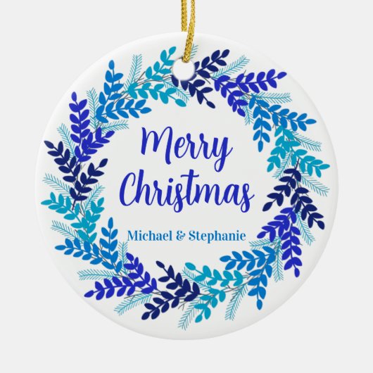 ブルーエレガントメリークリスマスリース セラミックオーナメント (正面)