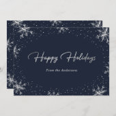 ブルーエレガントモダンシルバースノーフレークホリデーカード シーズンカード (正面/裏面)