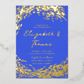 ブルーエレガントモダン金ゴールドサーファー波ビーチ結婚式 箔招待状 (正面)
