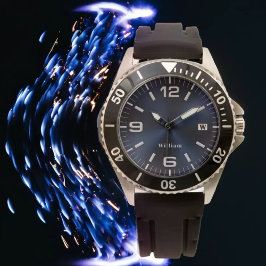 ブルーエレガントモノグラムのブラシ仕上げメタリック時計 腕時計