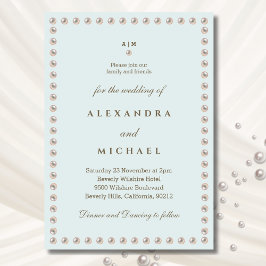 ブルーエレガントモノグラムパール結婚ズ 招待状