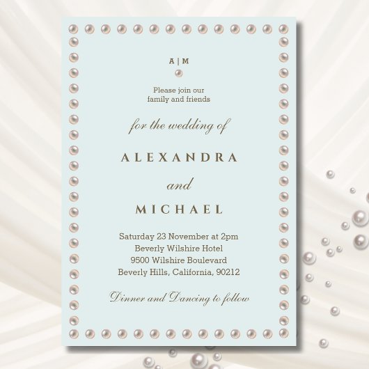 ブルーエレガントモノグラムパール結婚ズ 招待状