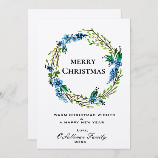 ブルーエレガントリースクリスマスカード – フローラ 招待状 (正面/裏面)