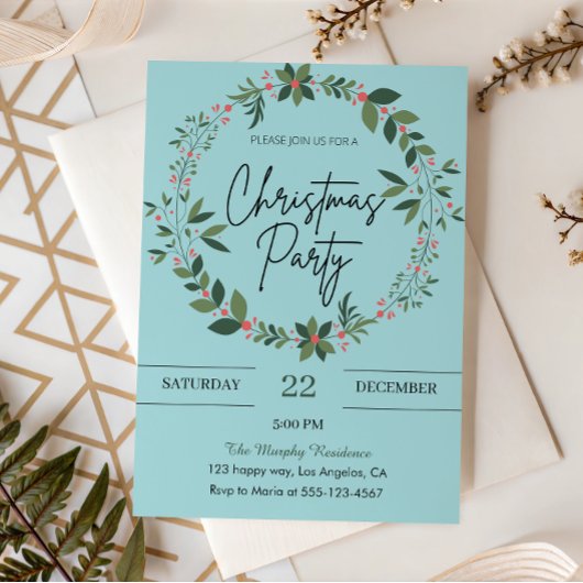 ブルーエレガントリースクリスマスパーティー 招待状