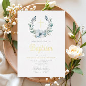 ブルーエレガントリース宗教十字少年バプテスマ 箔招待状