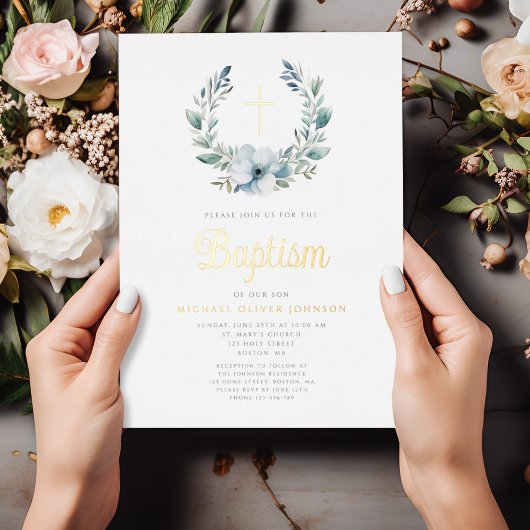 ブルーエレガントリース宗教十字少年バプテスマ 箔招待状